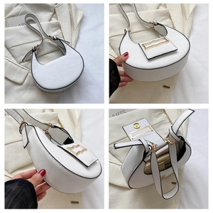 Vue détaillée sous quatre angles du sac croissant blanc avec finitions dorées et intérieur