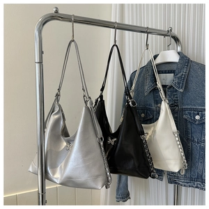 Chic silver black and white PU leather handbags with silver butterfly buckle detail
