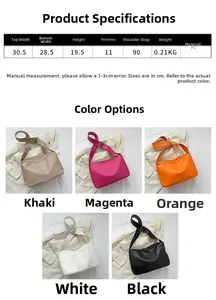 Size guide for high-capacity PU tote bag showing dimensions and five available colors