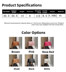 Detailed size chart and multi-color options for stylish PU leather crossbody square bag