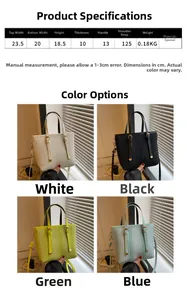 Size chart for textured bucket bag showing four color options and product dimensions