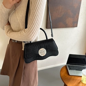 Chic black crocodile pattern handbag with wave bottom and silver buckle for women