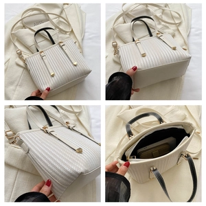 Detailed views of beige striped tote bag showing interior space and gold hardware