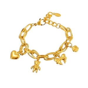Bracelet en acier inoxydable doré avec breloques cœur, ours, nœud et fleur élégante