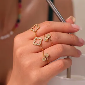 Bague En Acier Inoxydable Avec Zircon Pour Femme Trèfle À Quatre Feuilles Fleur Géométrique Ajourée Réglable Bijoux