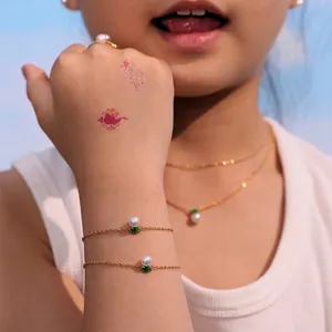 Kids Jewelry Stainless Steel White Shell Artificial Pearl Green Crown Enamel Necklace Bracelet Earrings Ring Sweet Fashion For Girls