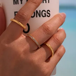 Women Stainless Steel 18K Gold Plated Zirconia Ring Set Stackable Geometric CNC Minimalist Commute Fashion Jewelry
