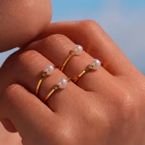 Stainless Steel Geometric Open Ring With Zircon And Shell Artificial Pearl Adjustable Fashion Jewelry For Women