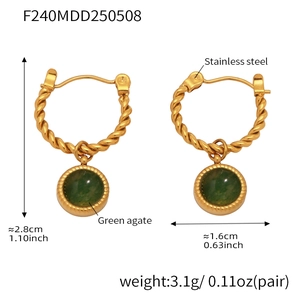 Detailed view of green agate twist earrings with dimensions and weight specs