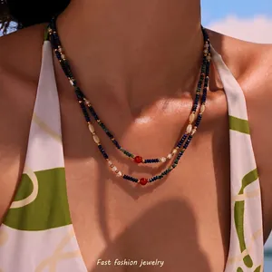 Natural Lapis Lazuli Red Agate Beaded Necklace Stainless Steel Seashell Zircon Handmade Bohemian Vacation Jewelry For Women