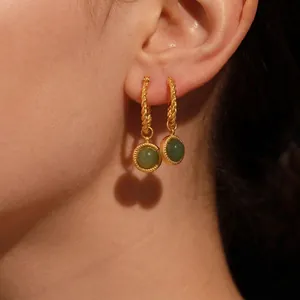Green Agate Pendant Earrings Stainless Steel 18K Gold Plated Twisted Hoop French Retro Elegant Jewelry For Women