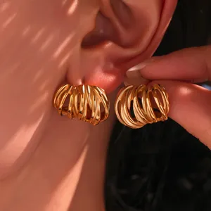 Boucles D'Oreilles Créoles En Forme De C En Acier Inoxydable Ligne Enroulée Multicouche Géométrique Creuse Bijoux Pour Femmes