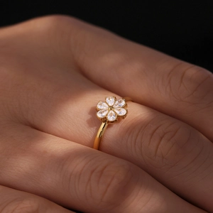 Minimalist 18k gold plated stainless steel flower ring with 5A zircon stones for women
