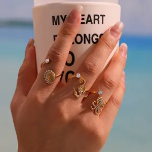 Stainless Steel Marine Life Open Ring With Zircon Seahorse Octopus Shell Adjustable Fashion Jewelry For Women