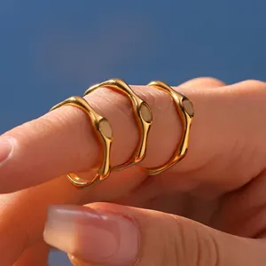Faceted Natural Rose Quartz Irregular Wave Ring 18K Gold Plated Stainless Steel Minimalist Bamboo Style Jewelry For Women