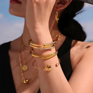 Multi Layer Bangle Bracelet Stainless Steel 18K Gold Plated Rhinestone Hinge Clasp Fashion Jewelry For Women
