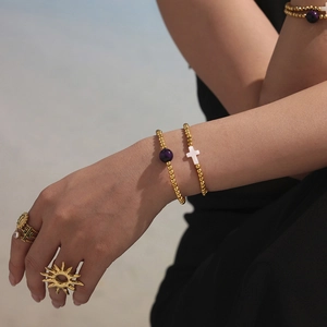 Handmade beaded 18k gold plated stainless steel bracelet with cross and sun rings