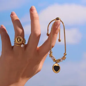 Bracelet En Acier Inoxydable Avec Pendentif Cœur En Émail Zircon Chaîne De Serpent Réglable Bijoux Pour Femme