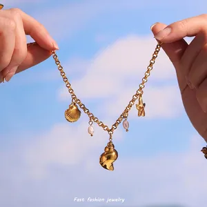 Stainless Steel Ocean Charm Bracelet For Women With Freshwater Pearl Conch Shell Starfish Pendants Summer Beach Jewelry