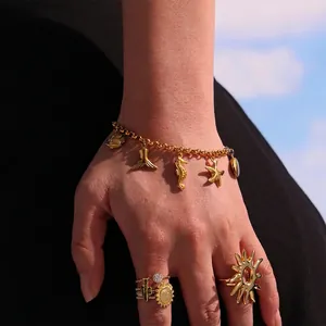 Bracelet À Breloques Océan En Acier Inoxydable Doré Avec Pendentifs Hippocampe Étoile De Mer Coquillage Bijoux D'Été Pour Femmes