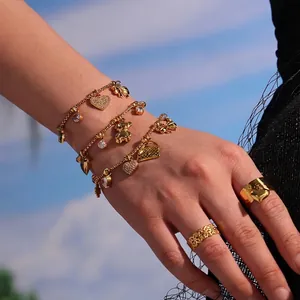 Bracelet En Acier Inoxydable Plaqué Or 18K Pendentifs Cœur Nœud Étoile Fleur Zircon Bijoux De Mode Pour Femmes