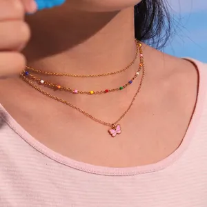 Fashion Pink Butterfly Jewelry Set Gold Plated Stainless Steel Enamel Necklace Bracelet Ring Earrings For Girls Teens Cute Daily Accessories