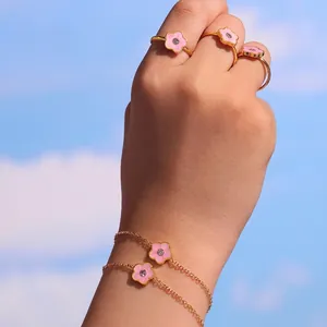 Roestvrijstalen Roze Emaille Bloem Sieraden Ketting Armband Ring Oorknopjes Voor Meisjes Kinderen Vrouwen Zoete Florale Zirkoon Accessoires