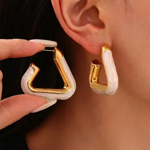 Geometric Triangle Stainless Steel Earrings Artificial Pearl White Enamel French Vintage Lightweight Luxury Women Hollow Jewelry