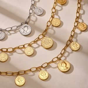 Vintage Queen Elizabeth coin pendant necklace in gold and silver stainless steel