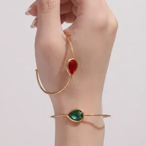 Minimalist Water Drop Pear Shaped Czech Glass Open Cuff Bangle Stainless Steel 18k Gold Plated Adjustable Bracelet Jewelry