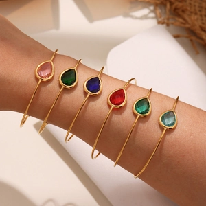 Minimalist 18k gold plated stainless steel open bangles with colorful teardrop crystals