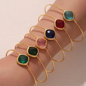 Minimalist Stainless Steel Open Bangle Bracelet With Square Cut Czech Glass Gemstone For Women Adjustable Jewelry
