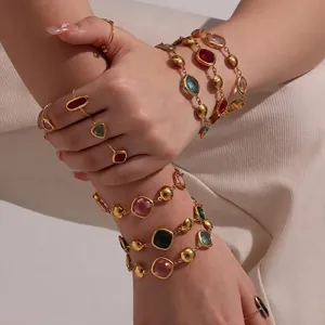 French Retro Women Elegant Bracelet 18K Gold Plated Stainless Steel With Square Czech Glass Adjustable Fashion Commute Jewelry