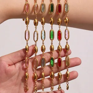 Ovales Buntes Tschechisches Glasstein Armband Edelstahl Vergoldete Kette Eleganter Modeschmuck Für Damen