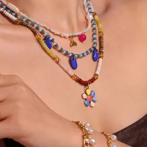 Bohemian Flower Pendant Beaded Necklace With Natural Agate Freshwater Pearl Stainless Steel Handmade Summer Jewelry For Women