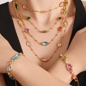 Collier Élégant En Acier Inoxydable Doré Avec Pierres En Verre Marquise Colorées Chaîne À Billes Collier Station Pour Femme Bijoux Mode