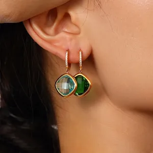 Boucles D'oreilles Pendantes En Verre Tchèque Carré Acier Inoxydable Plqué Or Géométrique Strass Huggie Hoop Pour Femmes Bijoux