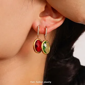 Vintage Oval Faceted Czech Glass Dangle Earrings With Stainless Steel Cubic Zirconia Hoop For Women Luxury Party Jewelry