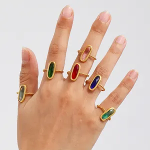 Bague Ouverte En Verre Tchèque Ovale Acier Inoxydable Plaqué Or Bande De Corde Torsadée Bijoux De Mode Vintage Pour Femmes
