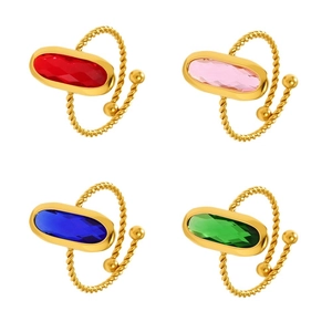 Lot de 4 bagues ouvertes en acier doré 18k avec pierres précieuses ovales colorées