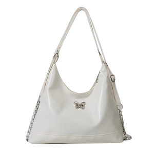 Creamy white PU leather hobo bag with silver butterfly and chain straps in 2023 style