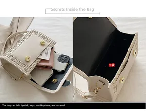 Dual view of cream woven crossbody bag showing spacious main compartment storage capacity