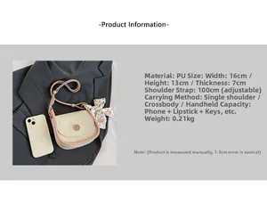 Detailed size specifications of cream PU leather crossbody bag with bow scarf and logo