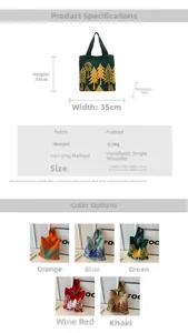 Detailed dimension chart and color matrix for knit tote bags with forest tree patterns