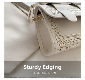 Close-up of reinforced edging and woven texture on a cream crossbody shoulder bag