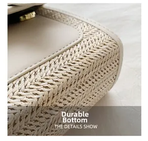 Detail of woven straw handbag featuring wear-resistant bottom and faux leather texture