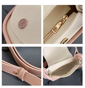 Detail shots of beige and pink crossbody bag with magnetic flap and ribbon handle
