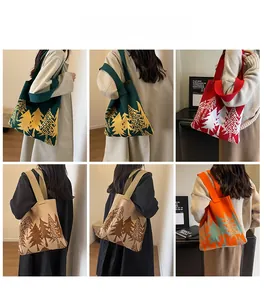 Detailed views of various knit tote bags featuring forest tree patterns in multiple colors