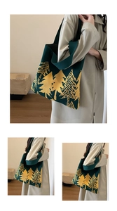 Detail of green knitted tote bag with yellow pine tree patterns on wool fabric