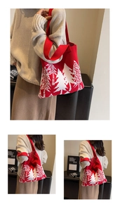 Red knit tote bag with white Christmas tree pattern shown on a shoulder